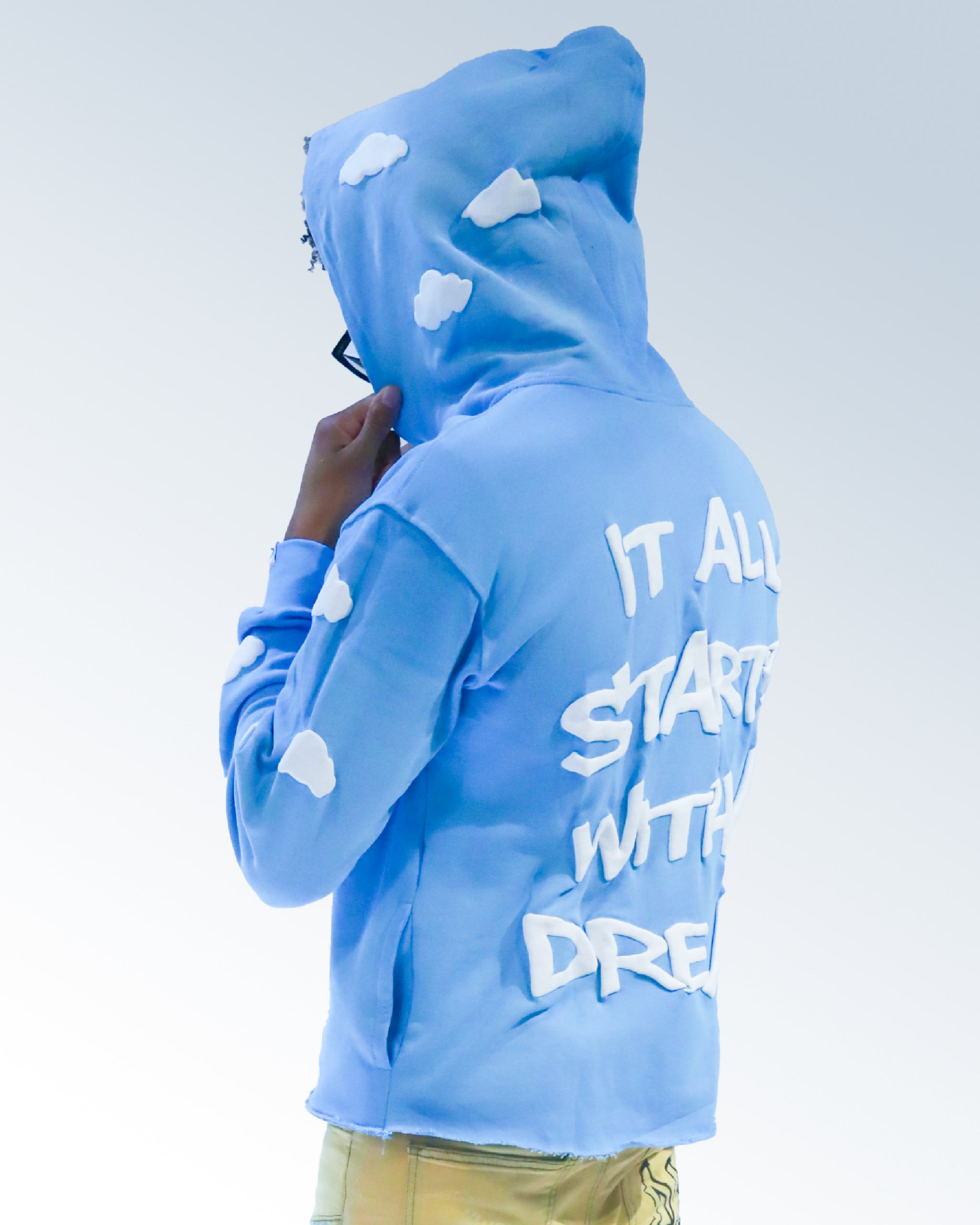 ‘HEAD IN THE CLOUDS’ PUFF PRINT CROPPED HOODIE (SKY BLUE)