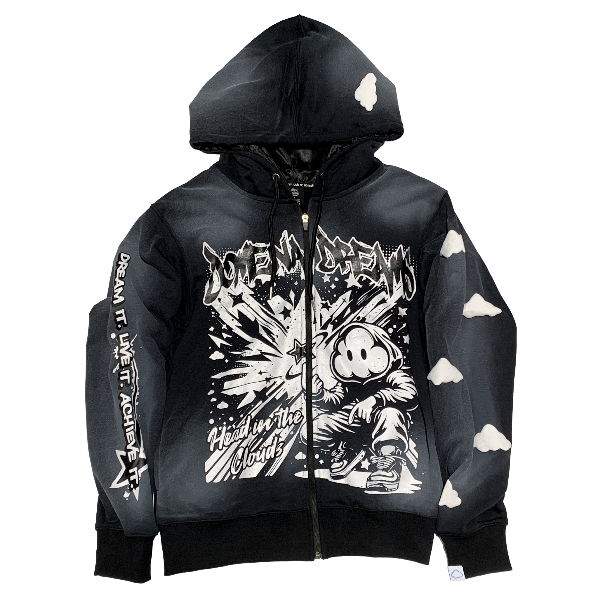 ‘HEAD IN THE CLOUDS’ PUFF PRINT ZIP UP (BLACK)