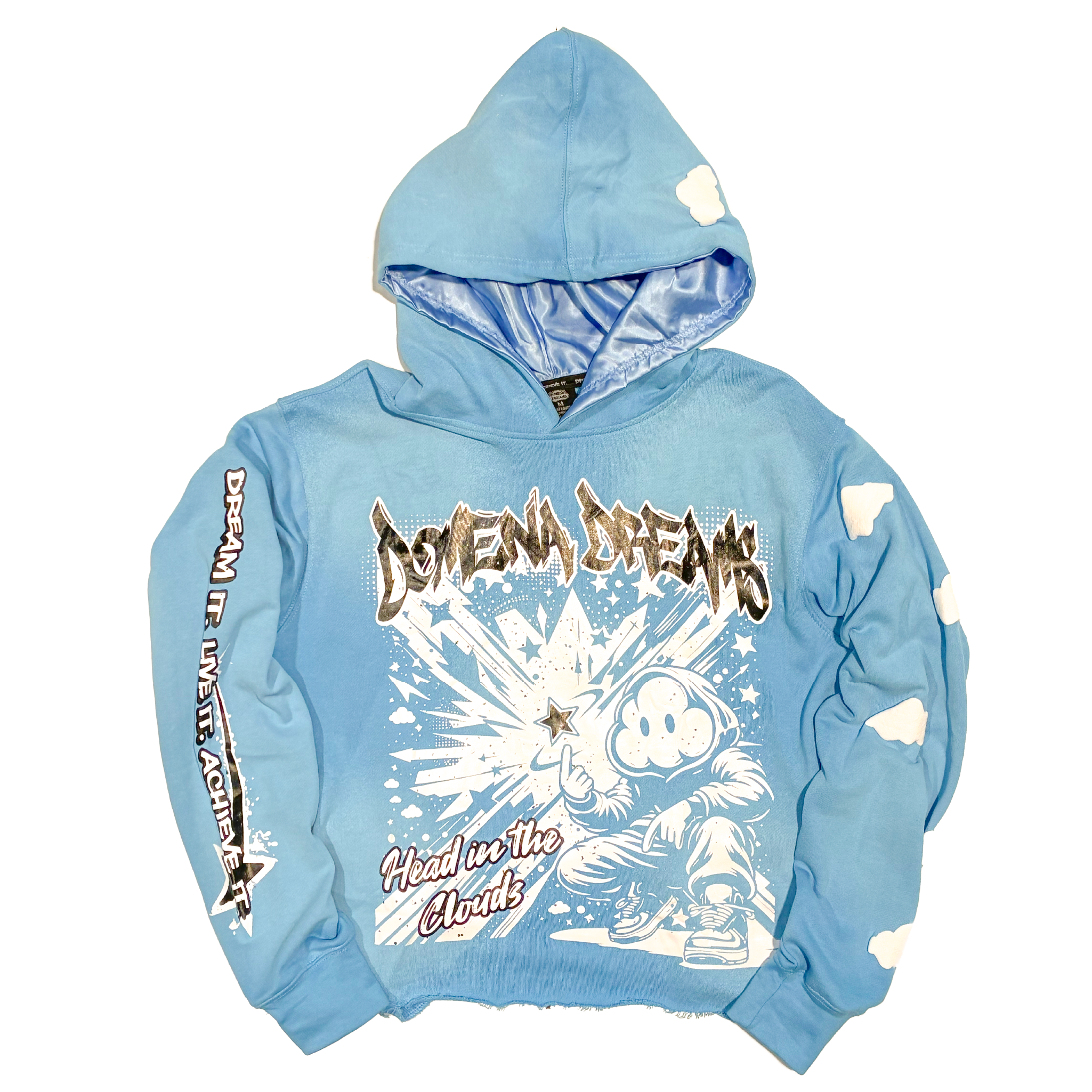 ‘HEAD IN THE CLOUDS’ PUFF PRINT CROPPED HOODIE (SKY BLUE)