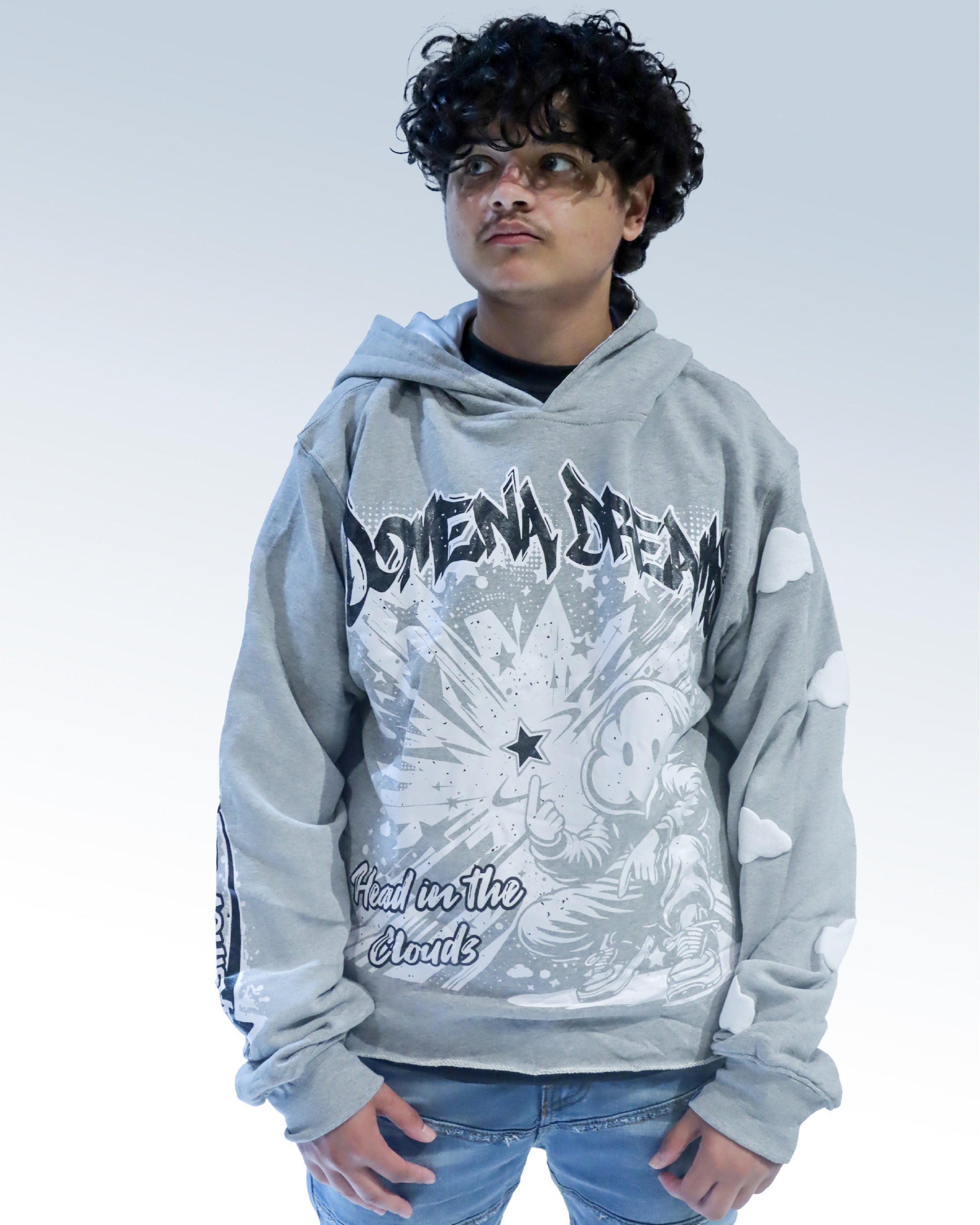 ‘HEAD IN THE CLOUDS’ PUFF PRINT CROPPED HOODIE (HEATHER GRAY)
