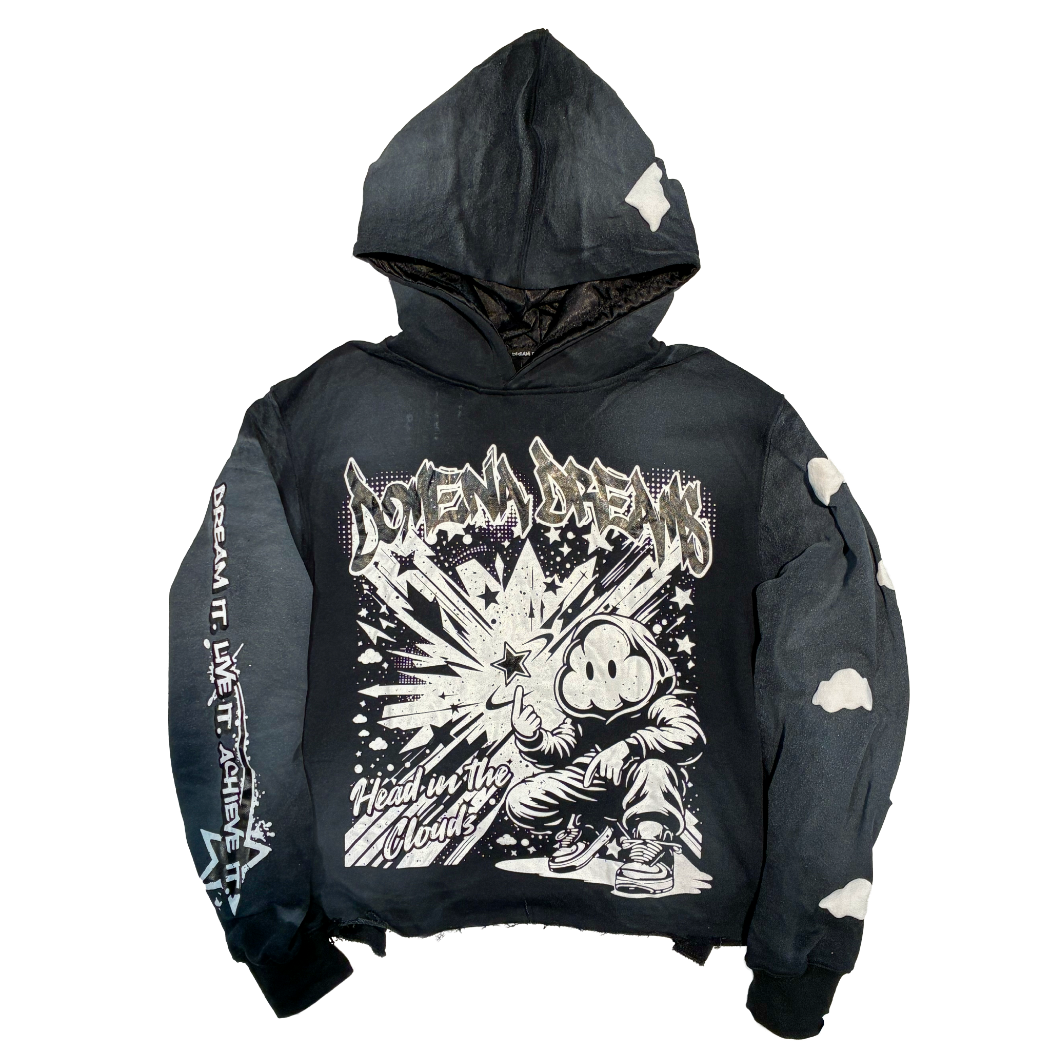 ‘HEAD IN THE CLOUDS’ PUFF PRINT CROPPED HOODIE (BLACK)