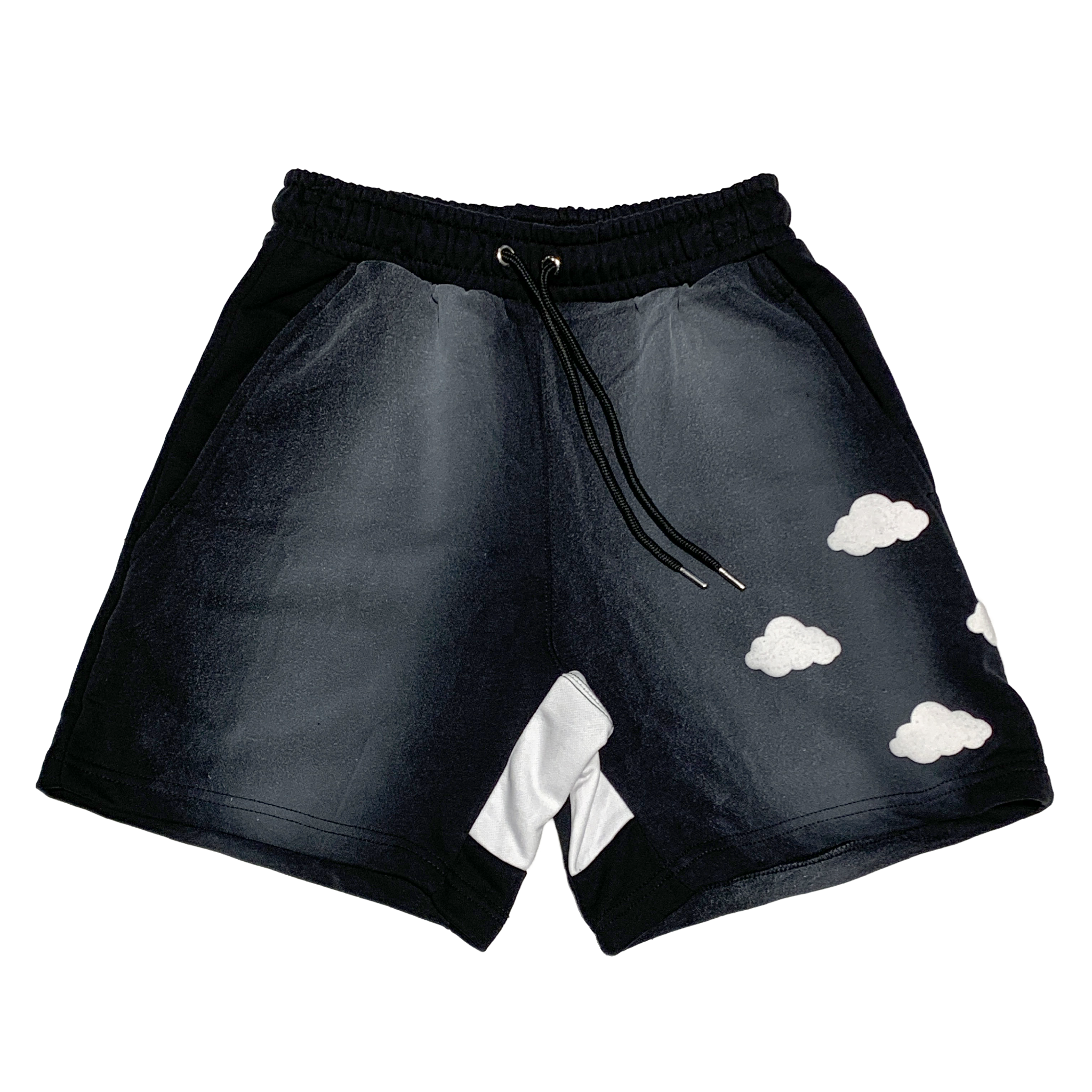 ‘HEAD IN THE CLOUDS’ PUFF PRINT SHORTS (BLACK)