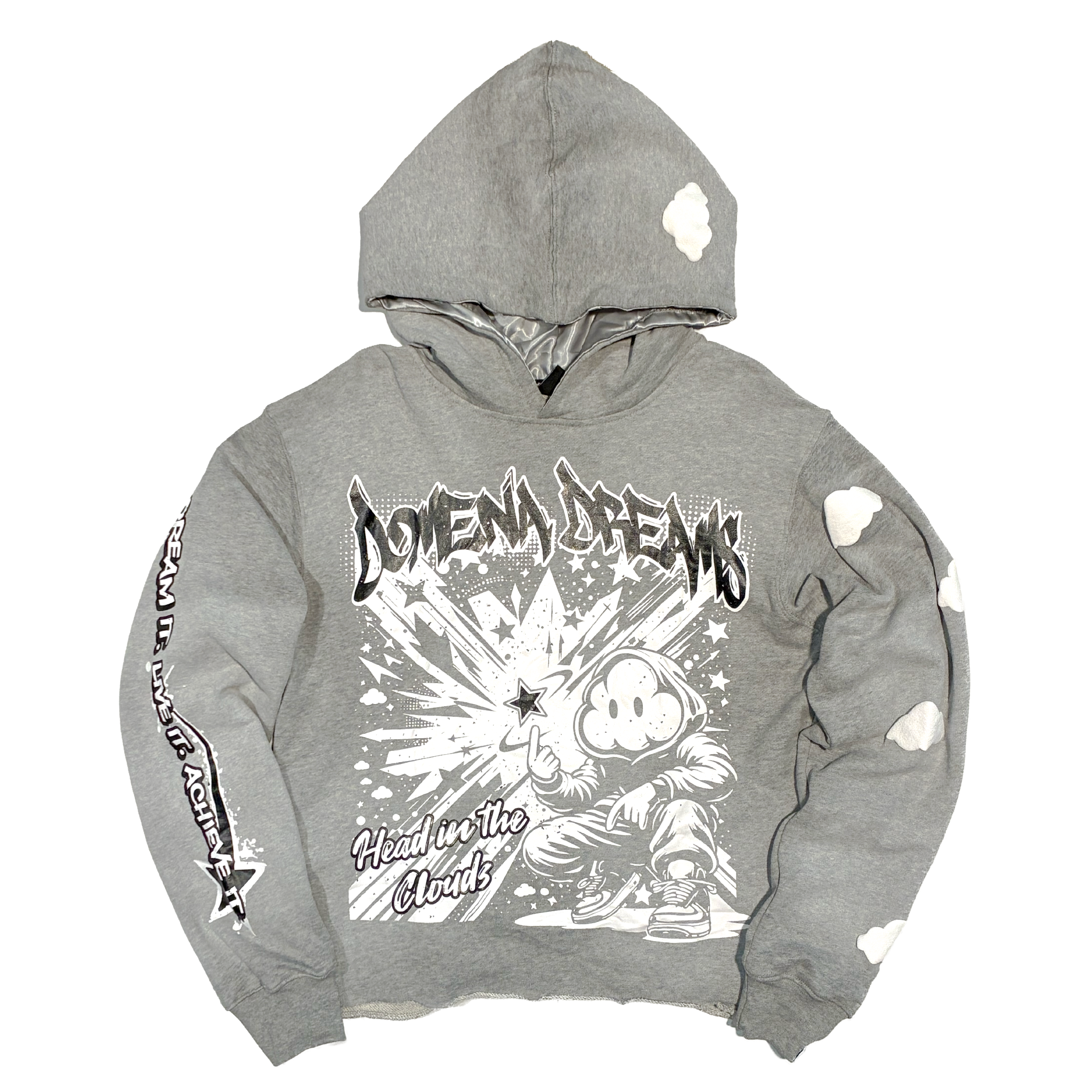 ‘HEAD IN THE CLOUDS’ PUFF PRINT CROPPED HOODIE (HEATHER GRAY)