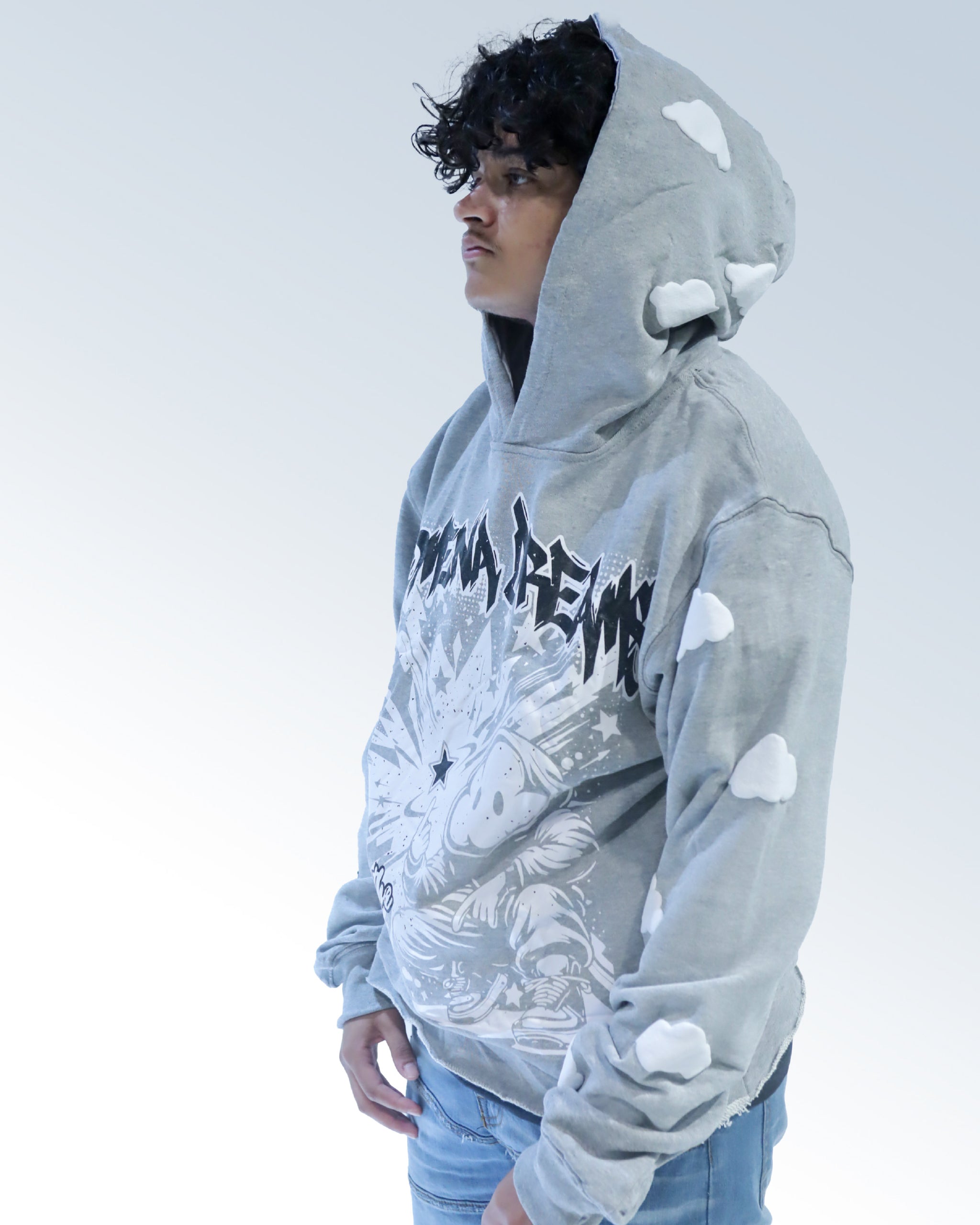 ‘HEAD IN THE CLOUDS’ PUFF PRINT CROPPED HOODIE (HEATHER GRAY)