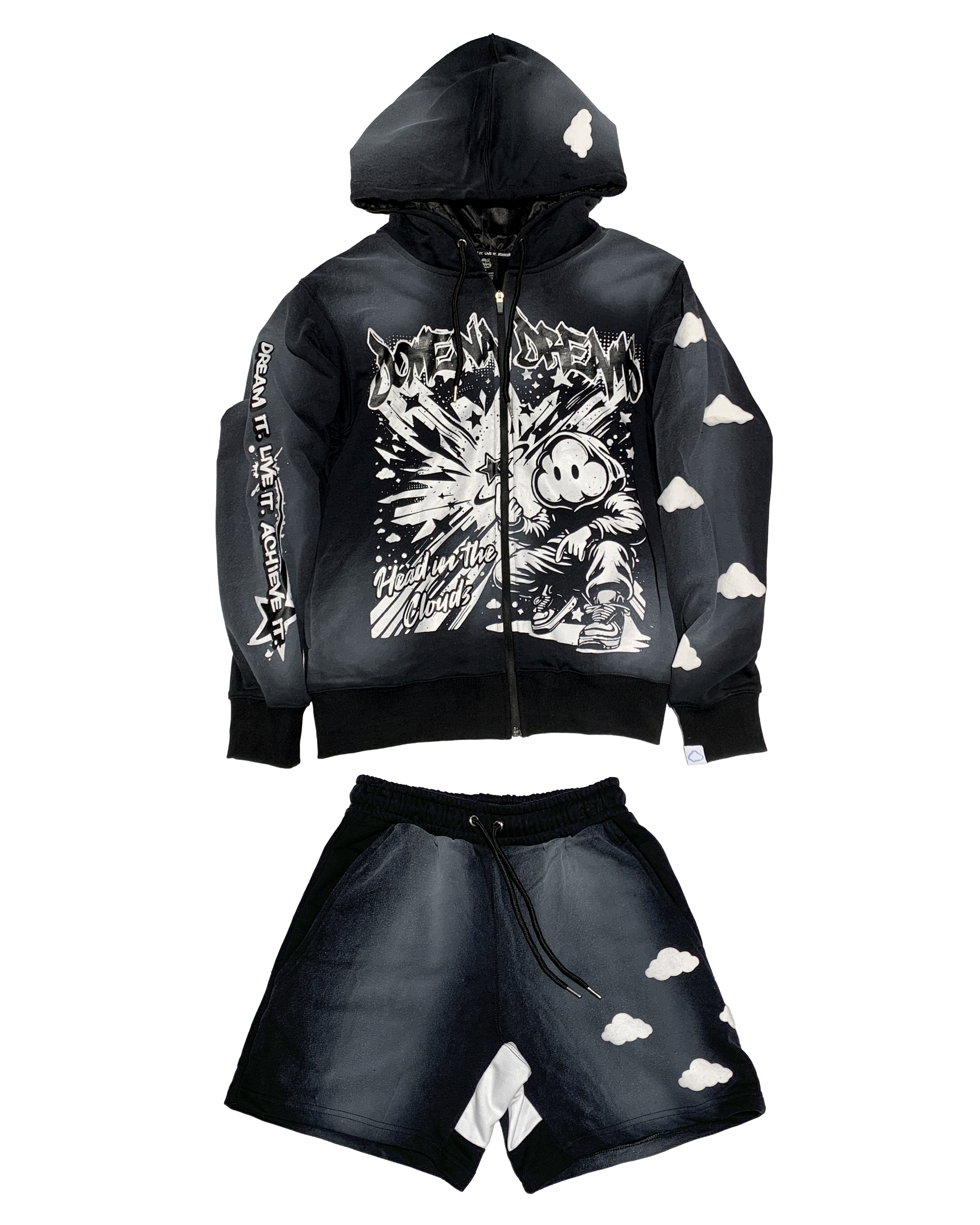 ‘HEAD IN THE CLOUDS’ PUFF PRINT SHORTS SET (BLACK)